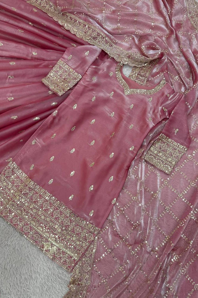 Peach Sequin with Embroidered Silk Sharara Suits