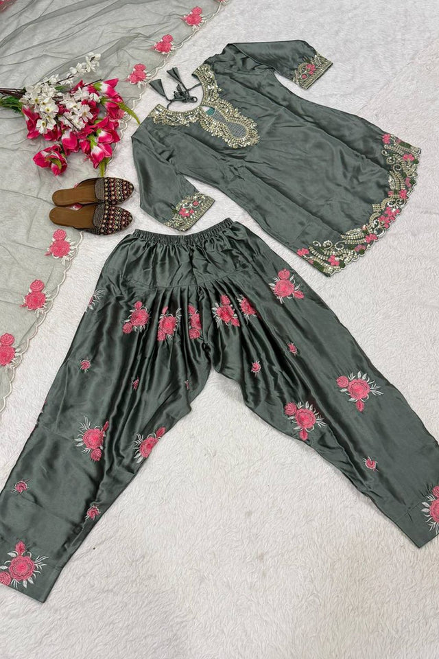 Grey Sequin with Embroidered Satin Straight Cut Suit (DM-3081-GREY)