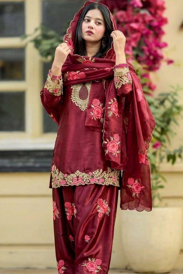 Maroon Sequin with Embroidered Satin Straight Cut Suit (DM-3081-MAROON)
