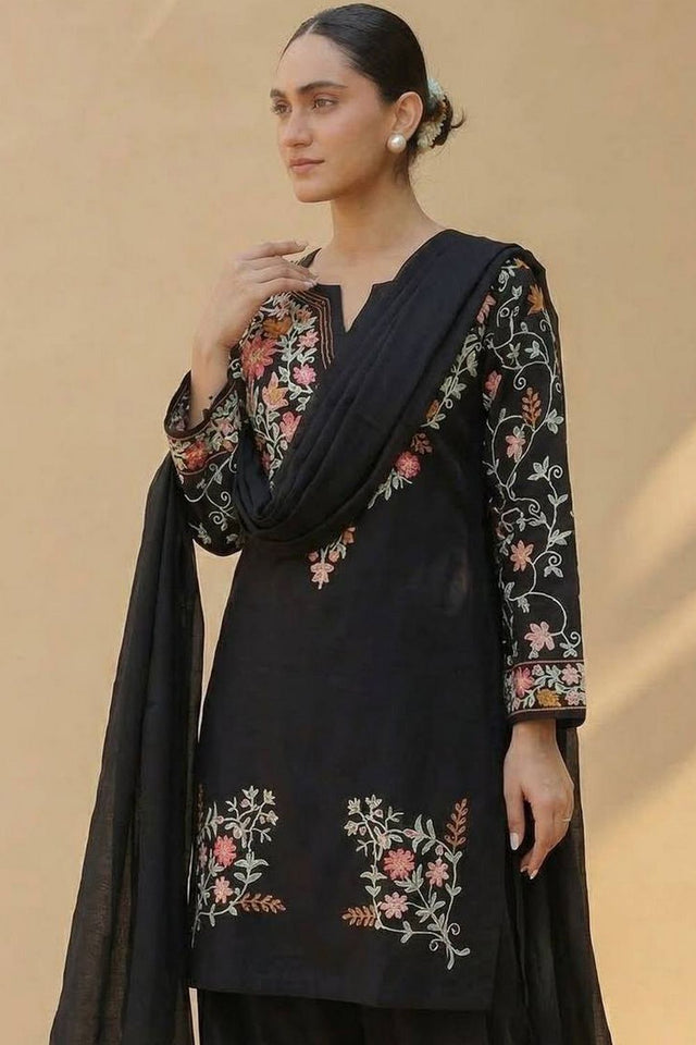 Black Floral Embroidered Silk Kurti Palazzo Set (DN-5058)