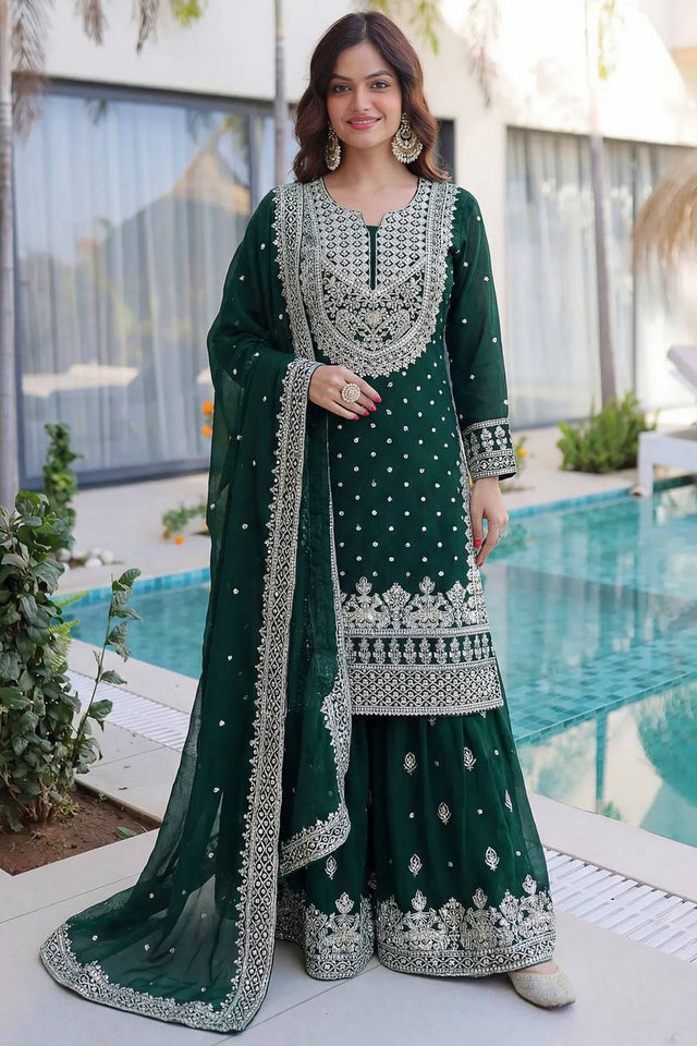 Dark Green Embroidered Georgette Palazzo Suit (DV-1346-Dark Green)