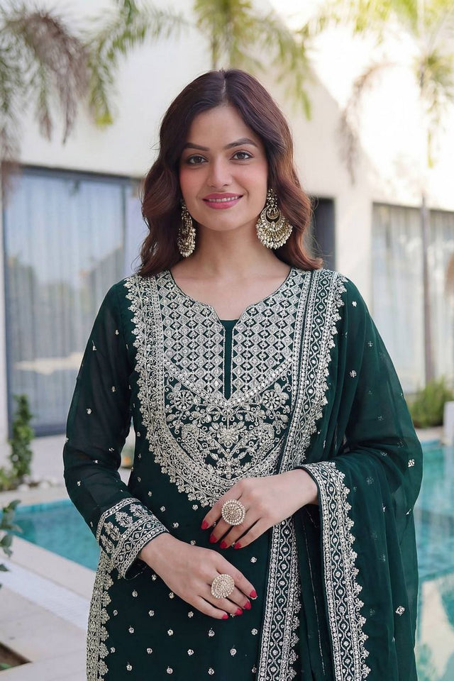 Dark Green Embroidered Georgette Palazzo Suit (DV-1346-Dark Green)