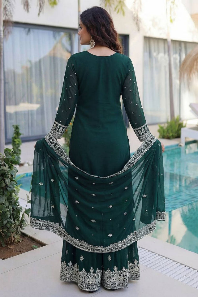 Dark Green Embroidered Georgette Palazzo Suit (DV-1346-Dark Green)