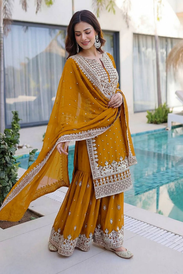 Mustard Embroidered Georgette Palazzo Suit (DV-1346-Mustard)