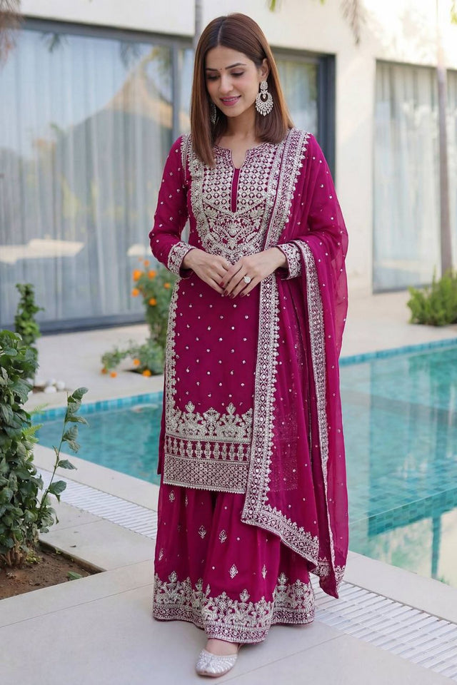 Pink Embroidered Georgette Palazzo Suit (DV-1346-Pink)