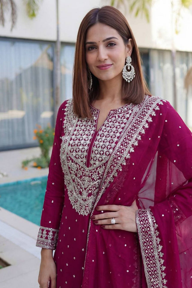 Pink Embroidered Georgette Palazzo Suit (DV-1346-Pink)