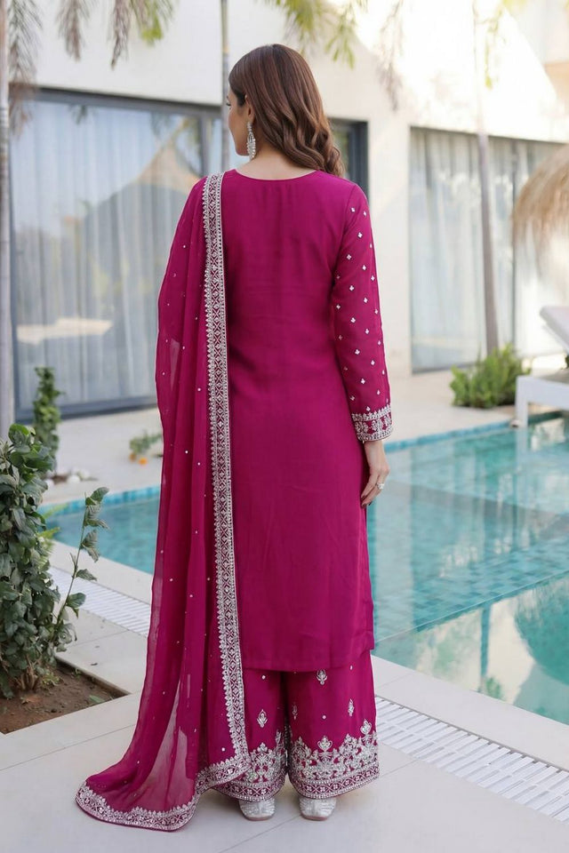 Pink Embroidered Georgette Palazzo Suit (DV-1346-Pink)