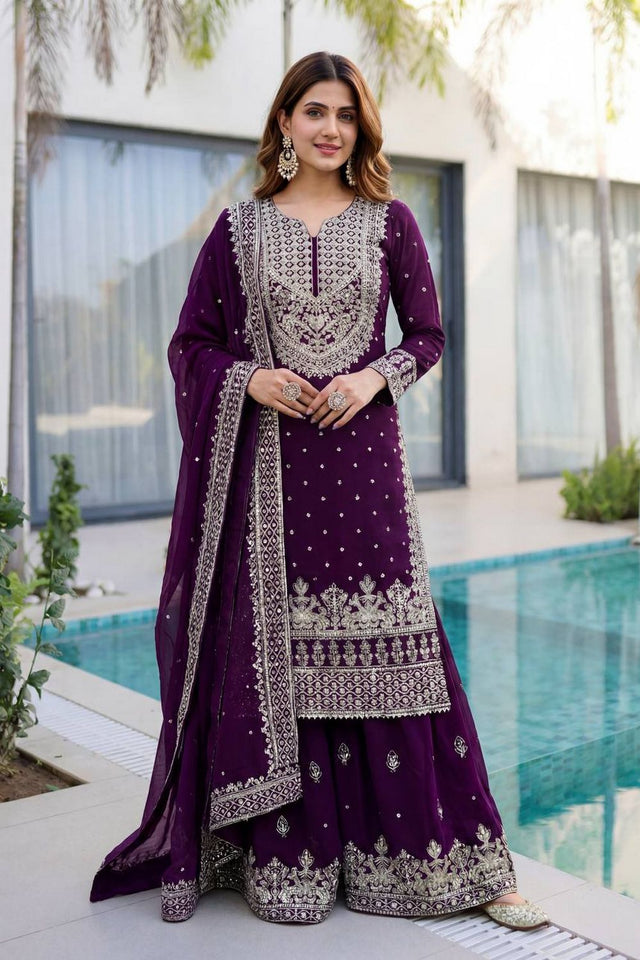 Violet Embroidered Georgette Palazzo Suit (DV-1346-Purple)
