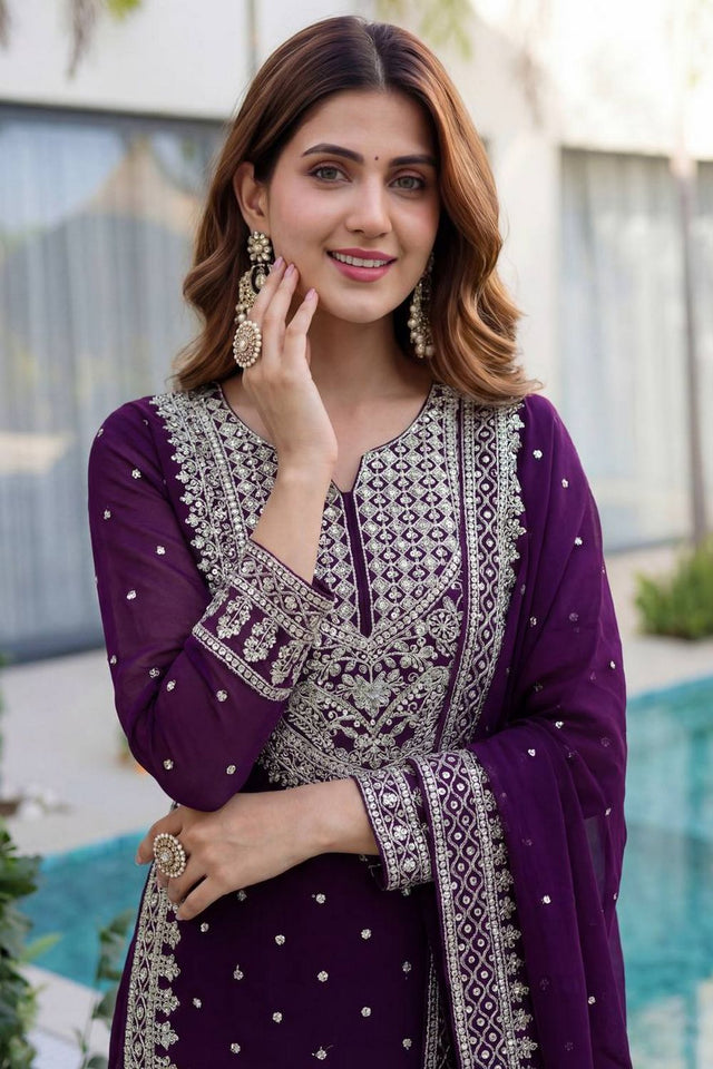 Violet Embroidered Georgette Palazzo Suit (DV-1346-Purple)
