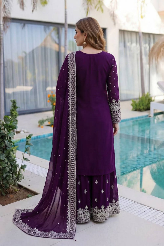 Violet Embroidered Georgette Palazzo Suit (DV-1346-Purple)