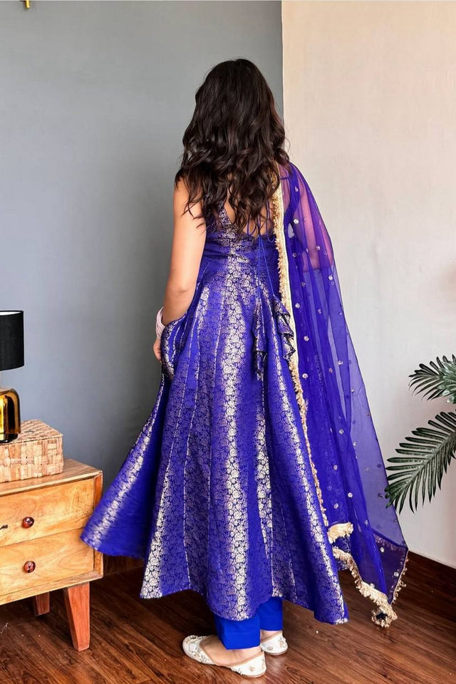 Blue Jacquard Viscose Anarkali Suit (DV-5165-Blue)