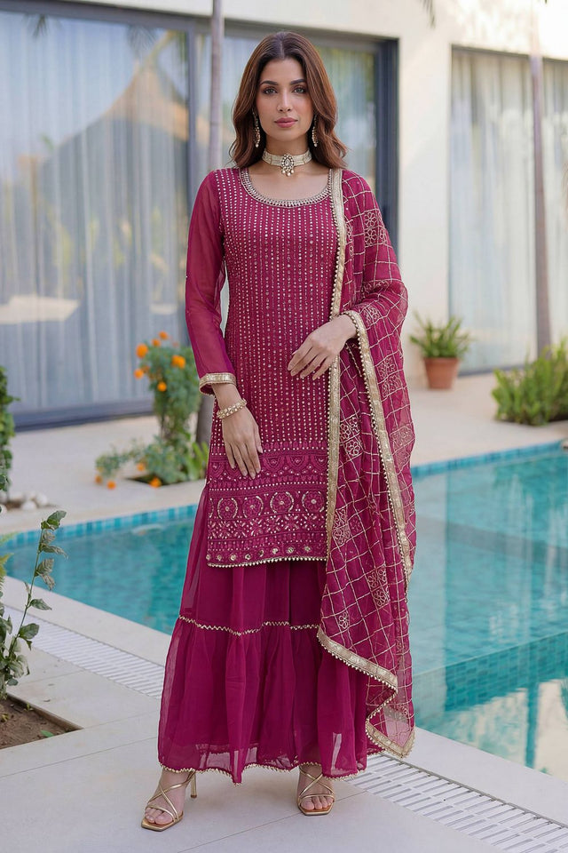 Pink Sequin with Embroidered Georgette Sharara Suit (DV-ON5065-Pink)