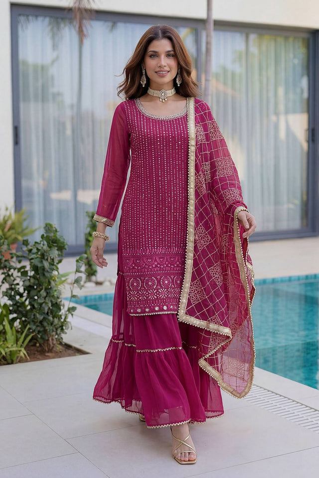 Pink Sequin with Embroidered Georgette Sharara Suit (DV-ON5065-Pink)