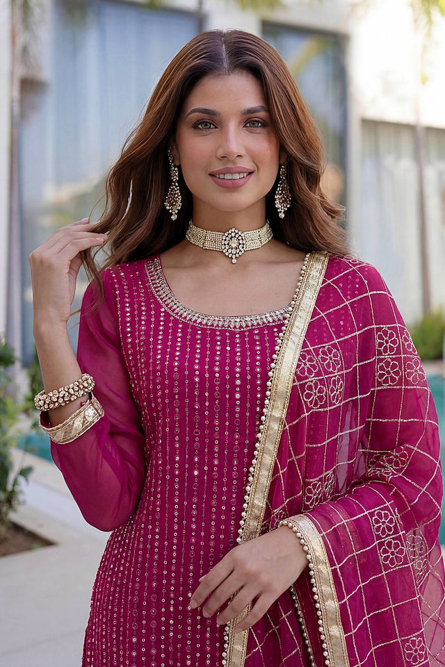 Pink Sequin with Embroidered Georgette Sharara Suit (DV-ON5065-Pink)