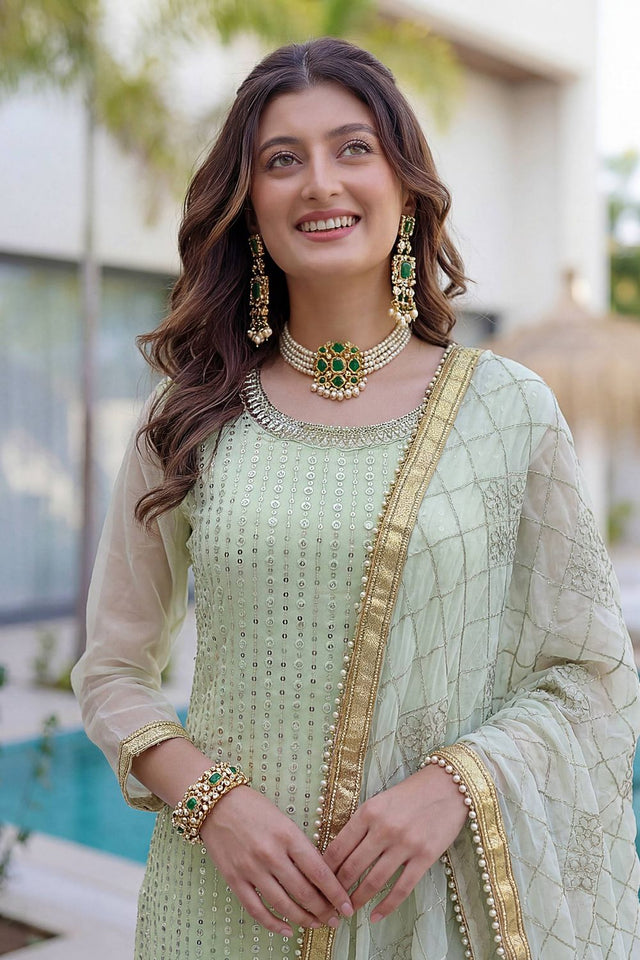 Green Sequin with Embroidered Georgette Sharara Suit (DV-ON5065-Pista)