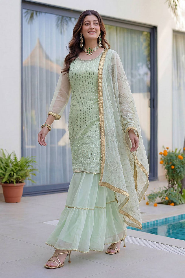 Green Sequin with Embroidered Georgette Sharara Suit (DV-ON5065-Pista)