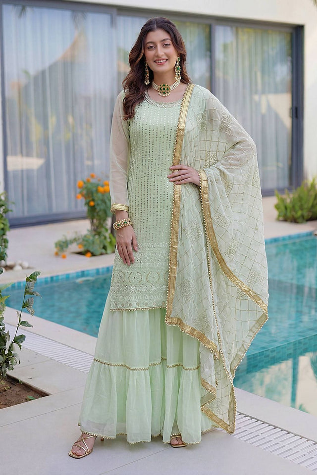 Green Sequin with Embroidered Georgette Sharara Suit (DV-ON5065-Pista)