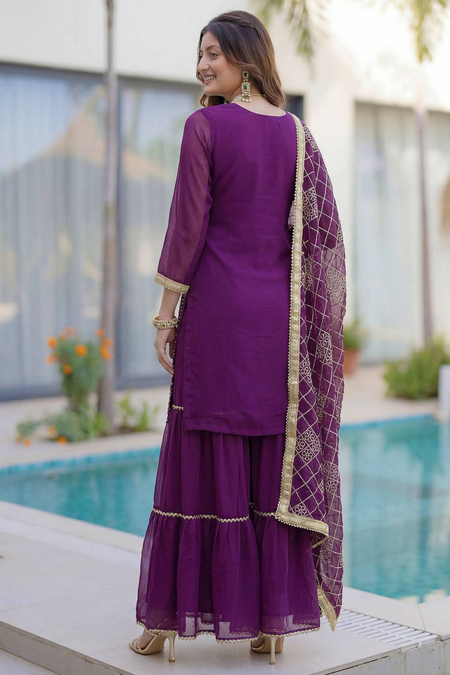 Violet Sequin with Embroidered Georgette Sharara Suit (DV-ON5065-Purple)