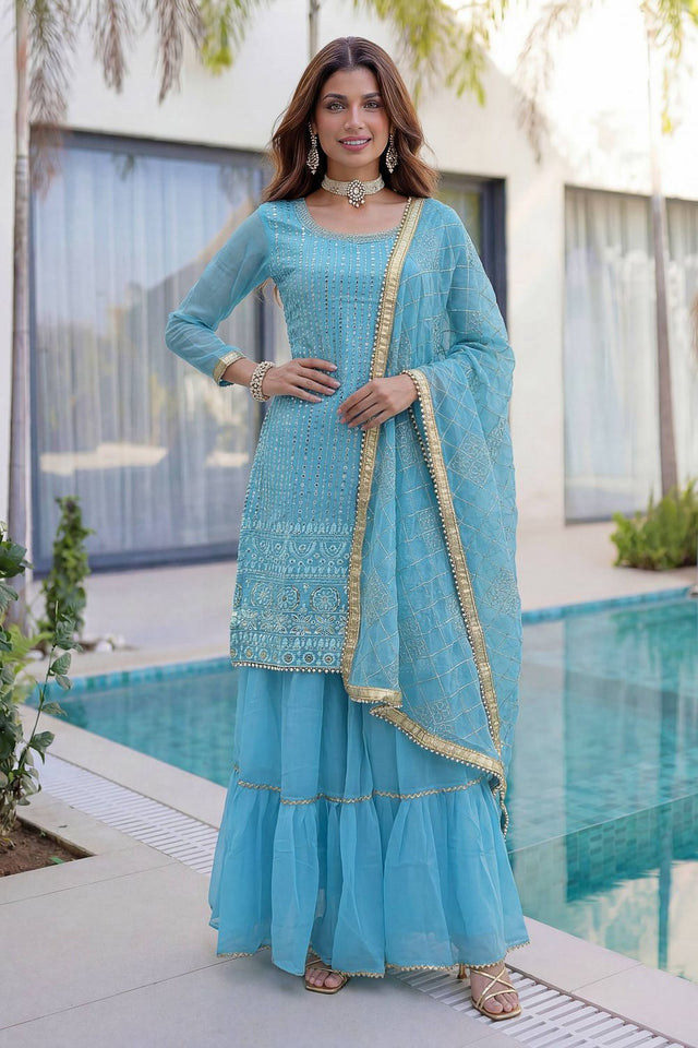 Blue Sequin with Embroidered Georgette Sharara Suit (DV-ON5065-Sky Blue)