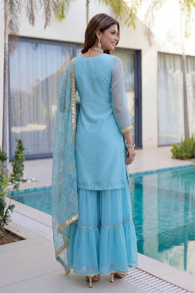Blue Sequin with Embroidered Georgette Sharara Suit (DV-ON5065-Sky Blue)