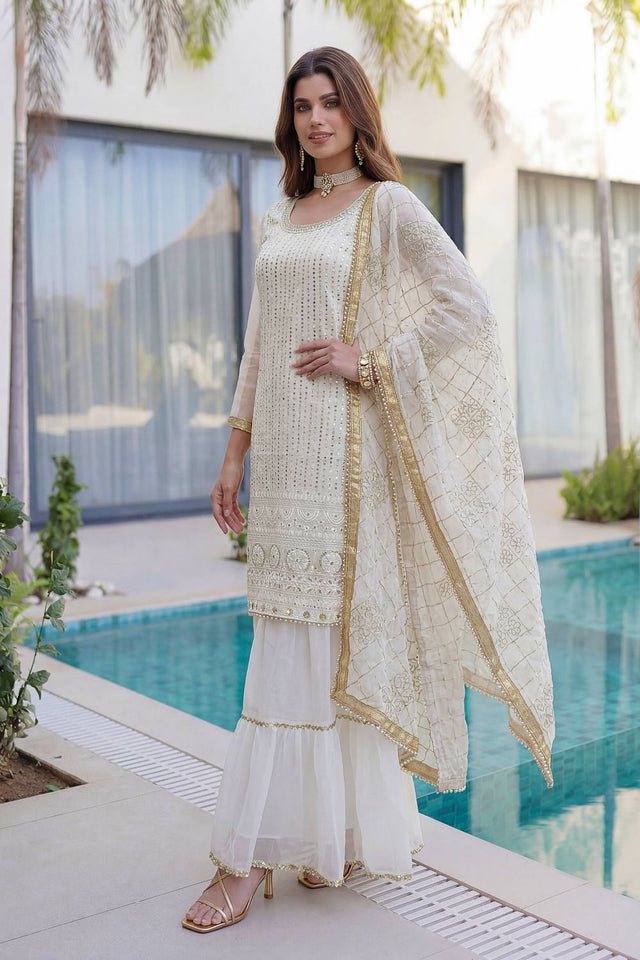 White Sequin with Embroidered Georgette Sharara Suit (DV-ON5065-White)
