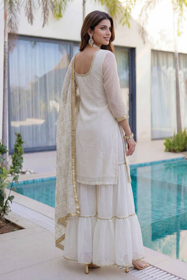 White Sequin with Embroidered Georgette Sharara Suit (DV-ON5065-White)