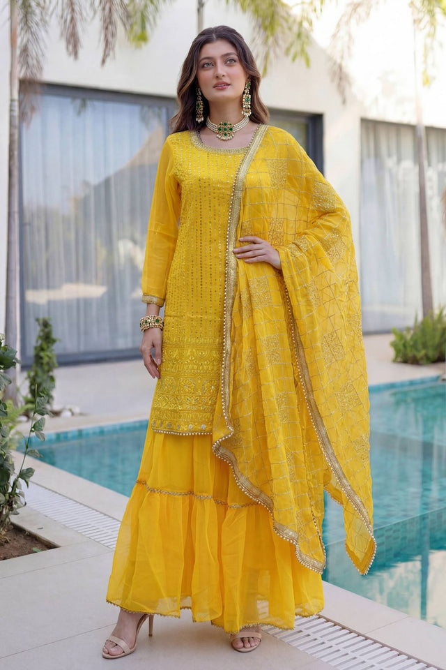 Yellow Sequin with Embroidered Georgette Sharara Suit (DV-ON5065-Yellow)