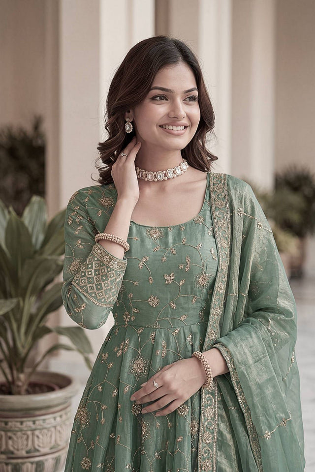 Green Sequin with Embroidered Silk Anarkali Suit (DV-ON5170-Sage Green)