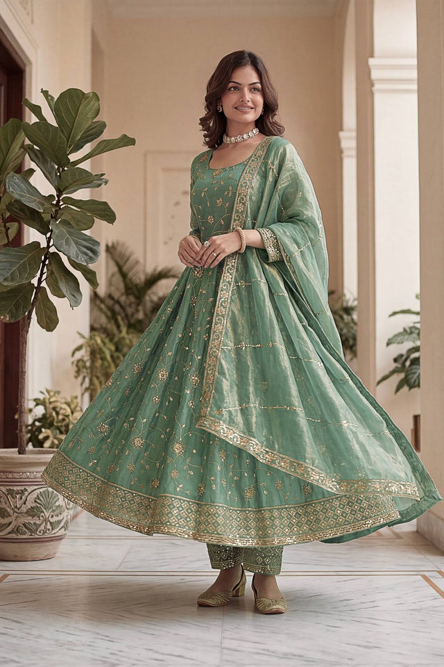 Green Sequin with Embroidered Silk Anarkali Suit (DV-ON5170-Sage Green)