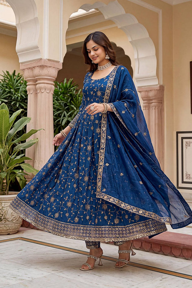 Turquoise Sequin with Embroidered Silk Anarkali Suit (DV-ON5170-Teal Blue)