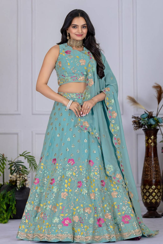 Turquoise Sequin with Embroidered Georgette Lehenga