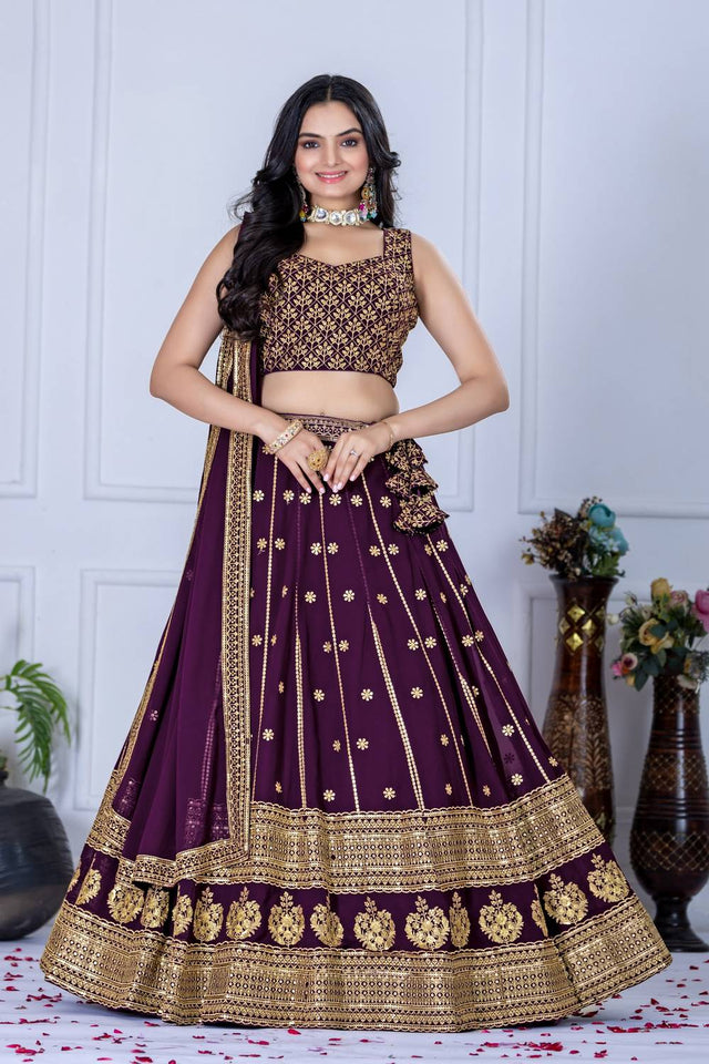 Wine Sequin with Embroidered Georgette Lehenga