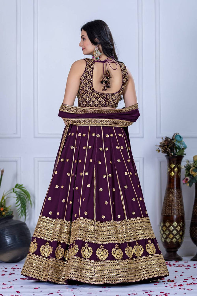 Wine Sequin with Embroidered Georgette Lehenga