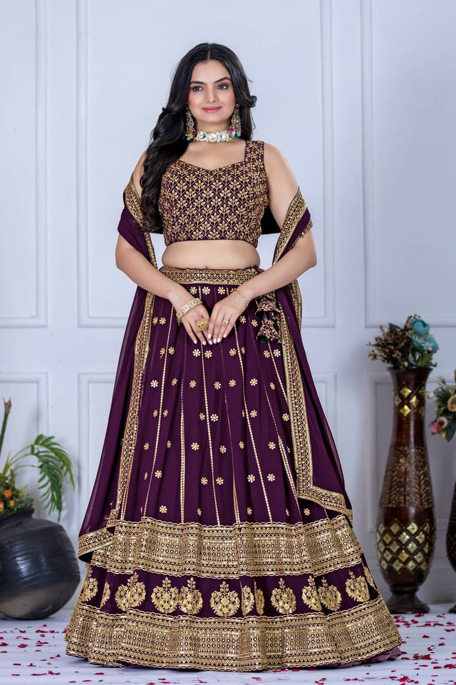 Wine Sequin with Embroidered Georgette Lehenga