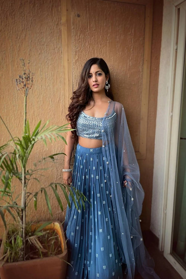 Blue Sequin Georgette Lehenga