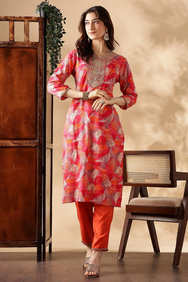 Orange Printed Silk Kurti Pant Set
