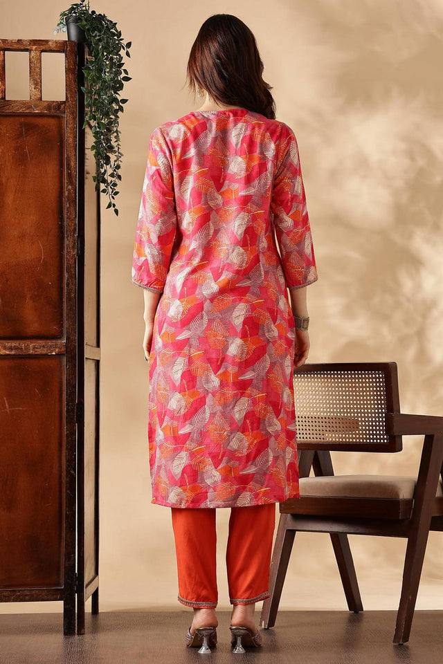 Orange Printed Silk Kurti Pant Set