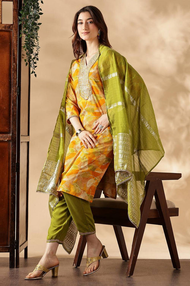 Yellow Printed Silk Kurti Pant Set