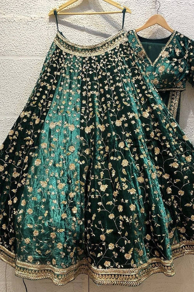 Green Floral Embroidered Velvet Lehenga
