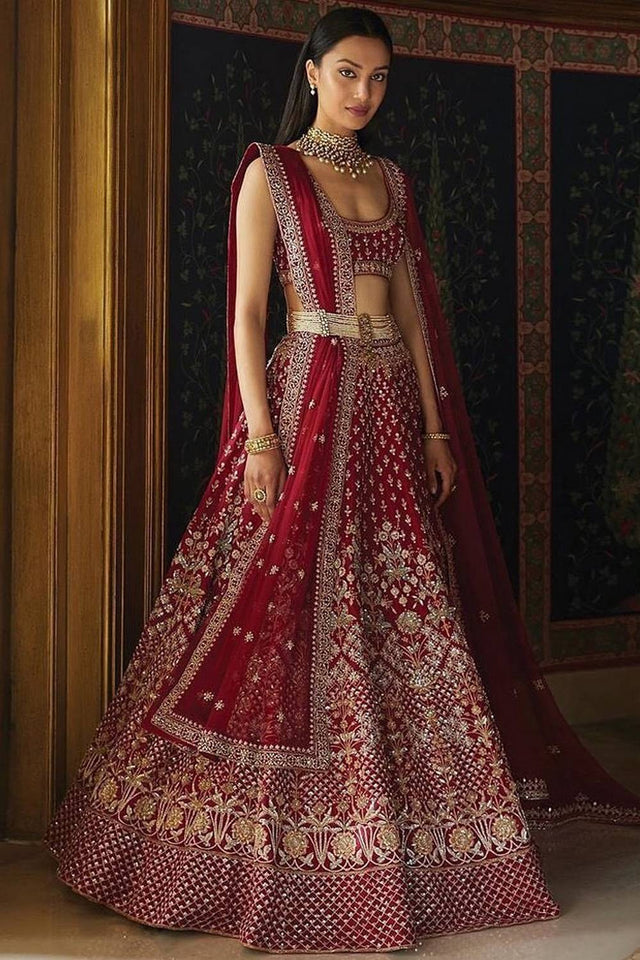 Maroon Floral Embroidered Art Silk Lehenga