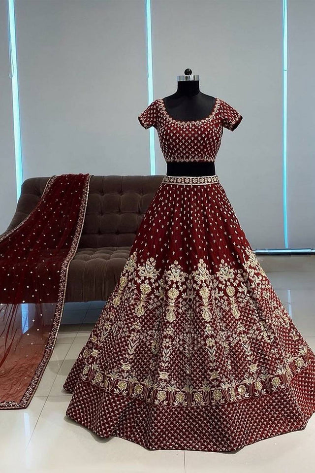 Maroon Floral Embroidered Art Silk Lehenga