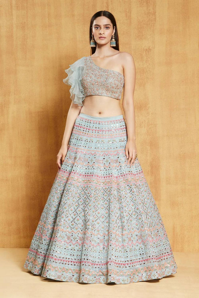 Light Blue Embroidered Art Silk Lehenga