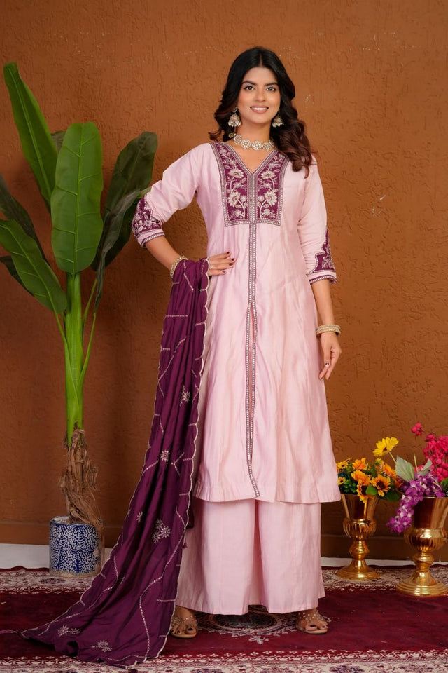 Light Pink Floral Embroidered Silk Palazzo Suit (Div-152-Baby Pink)