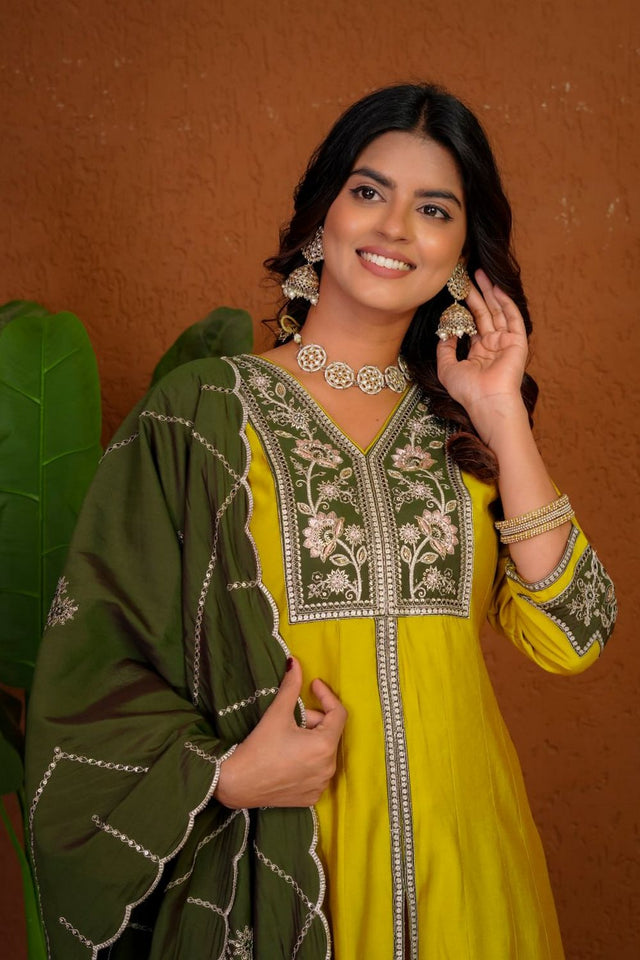 Mustard Floral Embroidered Silk Palazzo Suit (Div-152-Mustard Yellow)