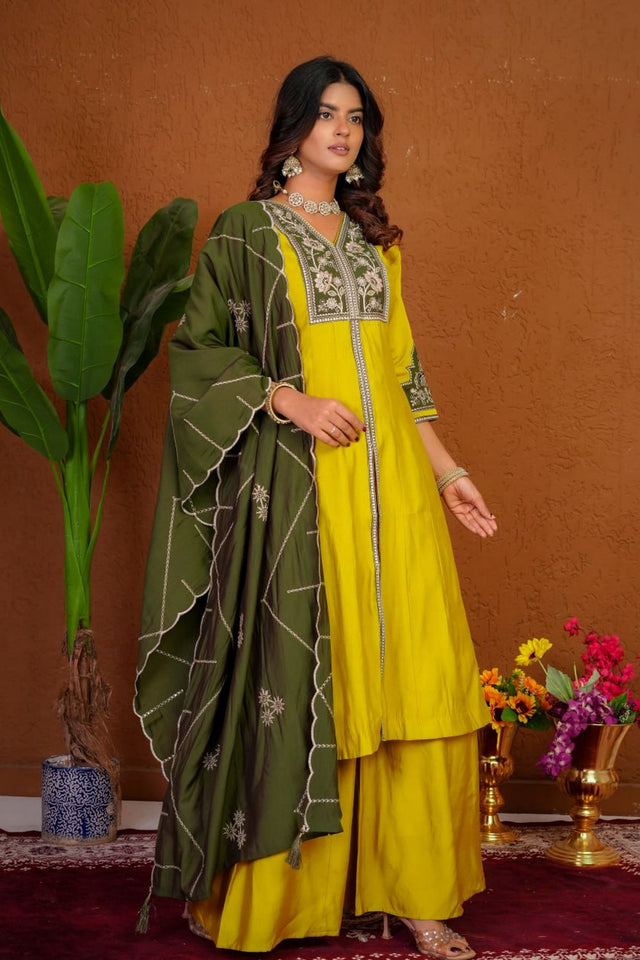 Mustard Floral Embroidered Silk Palazzo Suit (Div-152-Mustard Yellow)