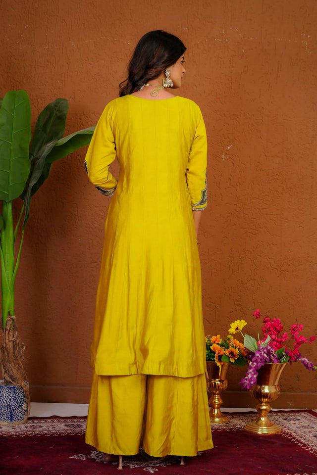 Mustard Floral Embroidered Silk Palazzo Suit (Div-152-Mustard Yellow)