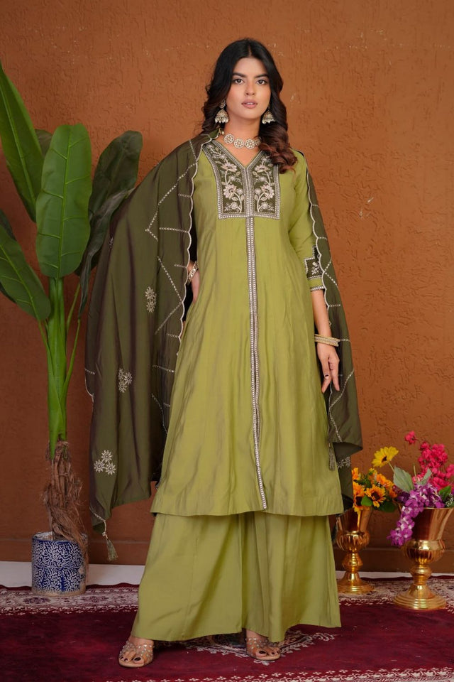 Olive Green Floral Embroidered Silk Palazzo Suit (Div-152-Olive Green)
