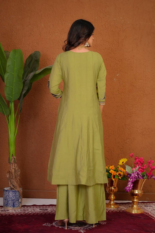 Olive Green Floral Embroidered Silk Palazzo Suit (Div-152-Olive Green)