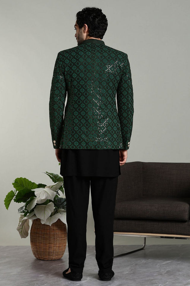 Mens Green Sequin with Embroidered Rayon Jacket with Kurta Pyjama Set (E-BG)