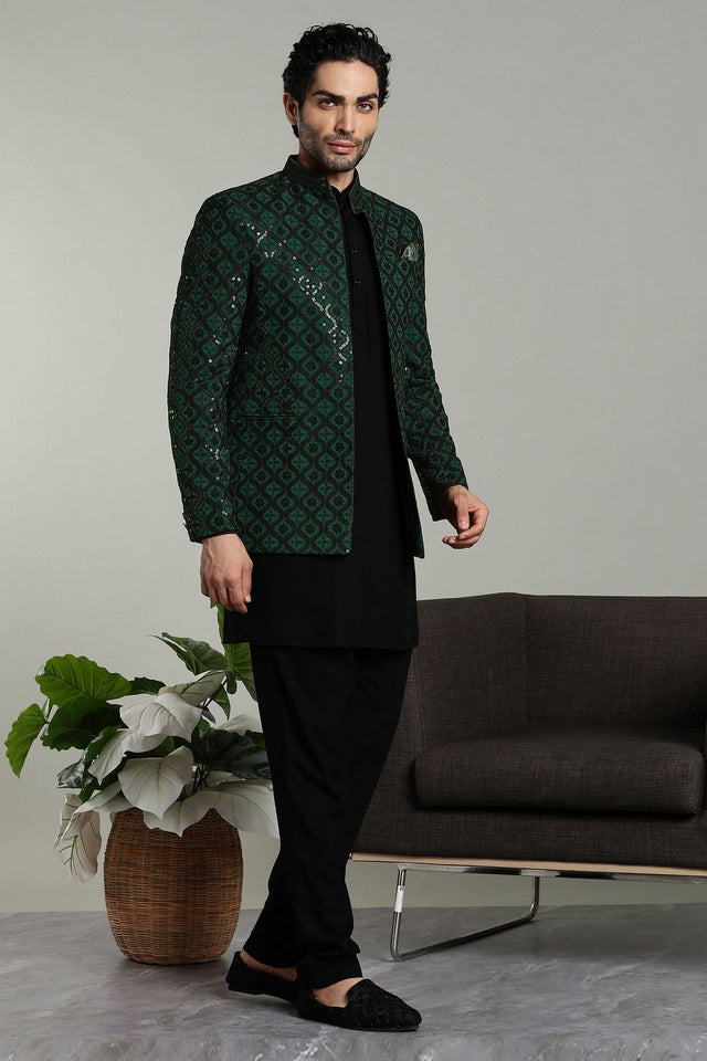 Mens Green Sequin with Embroidered Rayon Jacket with Kurta Pyjama Set (E-BG)